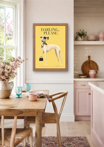 Fashion Whippet Print, Elegant Dog with Sunglasses, Yellow Maximalist Wall Art