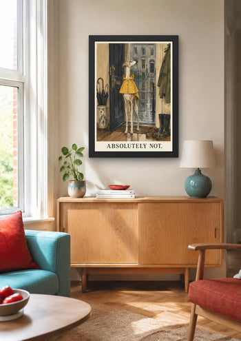 Funny Whippet Print, Dog in Yellow Raincoat, Mid-Century Wall Art