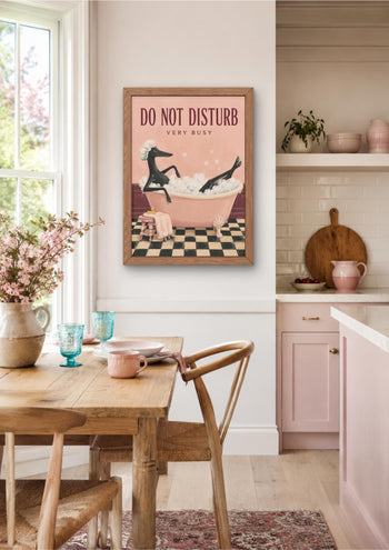 Funny Whippet Bath Art, Black Sighthound Bubble Bath Poster, Pink Bathroom Decor