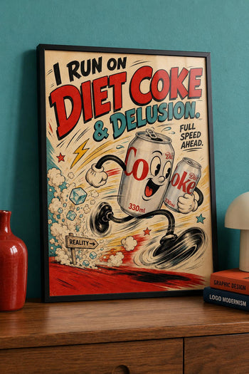 Diet Coke & Delusion Print | Retro Rubber Hose Cartoon Art, Kitchen Wall Decor