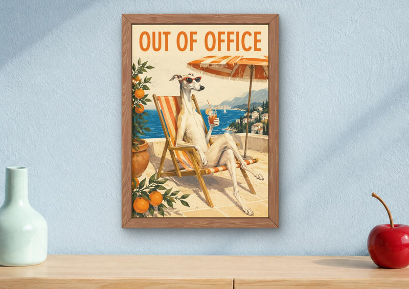 Whippet "Out of Office" Art Print, Mediterranean Dog Poster