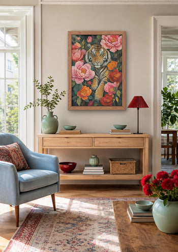 Maximalist Tiger Floral Art Print, Botanical Peony Animal Poster, Jungle Gallery Wall