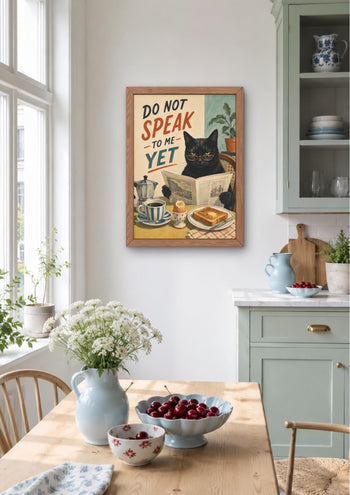 Funny Black Cat Morning Coffee Print, Grumpy Cat Wall Art, Kitchen Decor