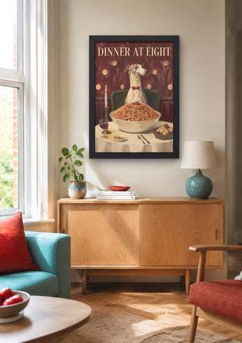 Whippet Spaghetti Dinner Print, Funny Italian Food Dog Art, Kitchen Wall Poster
