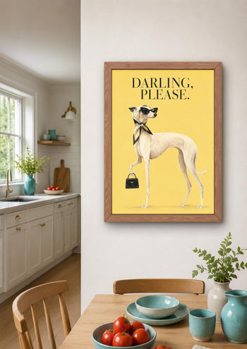 Fashion Whippet Print, Elegant Dog with Sunglasses, Yellow Maximalist Wall Art