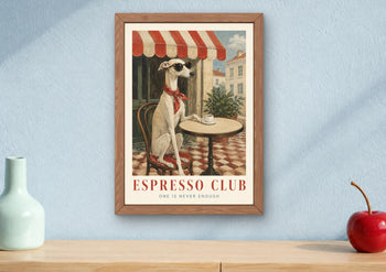 Whippet Espresso Club Print, Italian Cafe Wall Art, Sighthound Coffee Poster