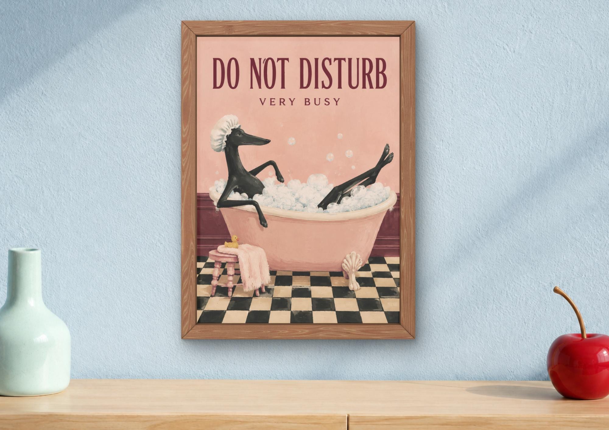 Funny Whippet Bath Art, Black Sighthound Bubble Bath Poster, Pink Bathroom Decor