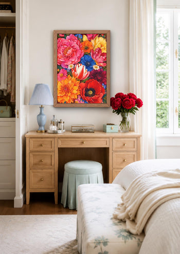Maximalist Floral Wall Art, Colourful Peonies Poppies Tulips Dahlias Print