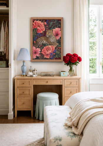 Maximalist Leopard Print, Floral Jungle Wall Art, Burgundy Botanical Decor
