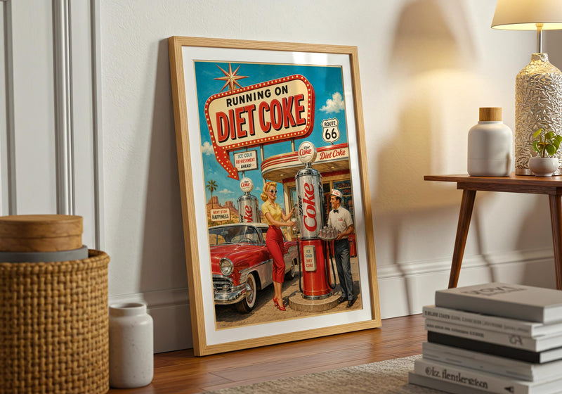 Retro Route 66 Diet Coke Print | Vintage Americana Gas Station Wall Art