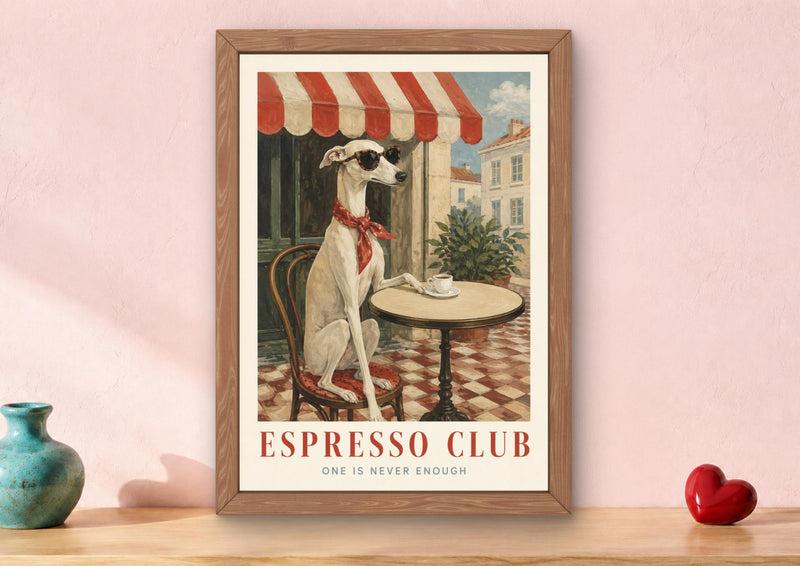 Whippet Espresso Club Print, Italian Cafe Wall Art, Sighthound Coffee Poster