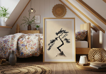 Japandi Pine Tree Print: Minimalist Japanese Ink Wall Art