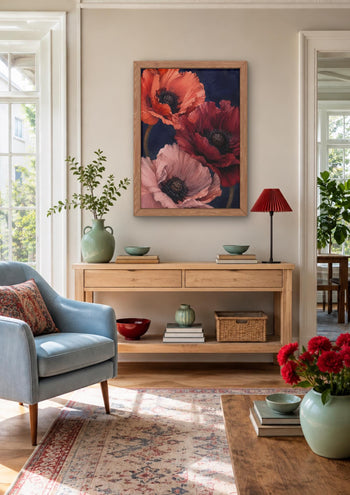 Moody Poppy Print, Red Floral Wall Art, Dark Botanical Navy Bedroom Decor