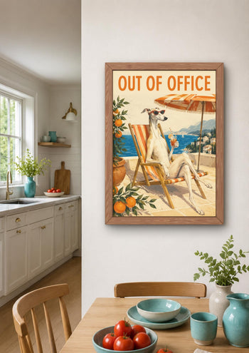 Whippet "Out of Office" Art Print, Mediterranean Dog Poster