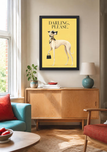 Fashion Whippet Print, Elegant Dog with Sunglasses, Yellow Maximalist Wall Art