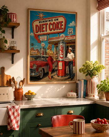 Retro Route 66 Diet Coke Print | Vintage Americana Gas Station Wall Art