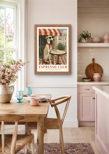 Whippet Espresso Club Print, Italian Cafe Wall Art, Sighthound Coffee Poster