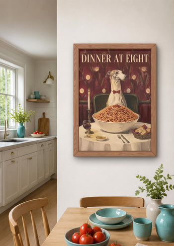 Whippet Spaghetti Dinner Print, Funny Italian Food Dog Art, Kitchen Wall Poster