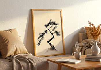Japandi Pine Tree Print: Minimalist Japanese Ink Wall Art