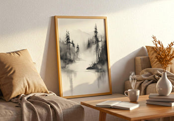 Japandi Forest Print: Sumi-e Ink Landscape, Zen Wall Art