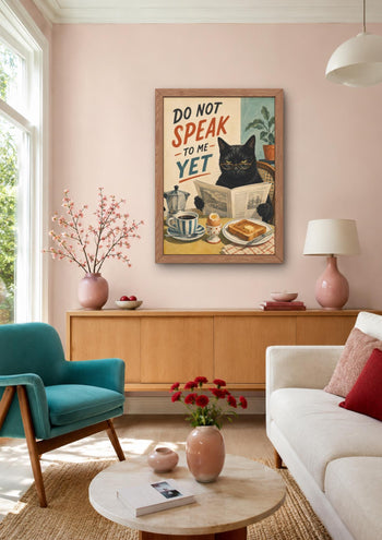 Funny Black Cat Morning Coffee Print, Grumpy Cat Wall Art, Kitchen Decor