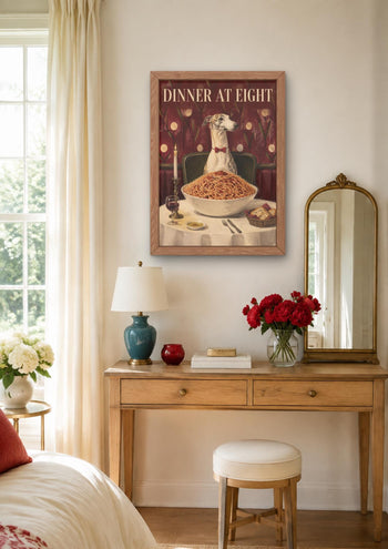 Whippet Spaghetti Dinner Print, Funny Italian Food Dog Art, Kitchen Wall Poster