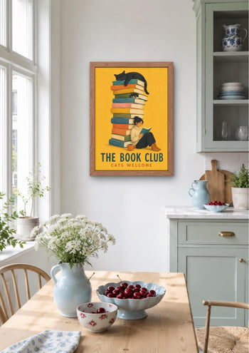 Book Club Print, Colourful Bookish Decor, Cat Lover Art, Reading Nook Poster