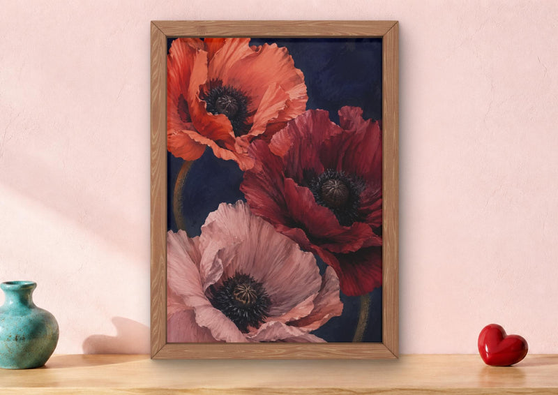 Moody Poppy Print, Red Floral Wall Art, Dark Botanical Navy Bedroom Decor