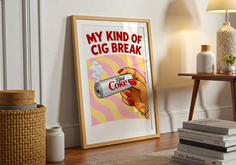 Retro Diet Coke Cigarette Break Poster, Funny Kitchen Wall Art, Pink Retro Print