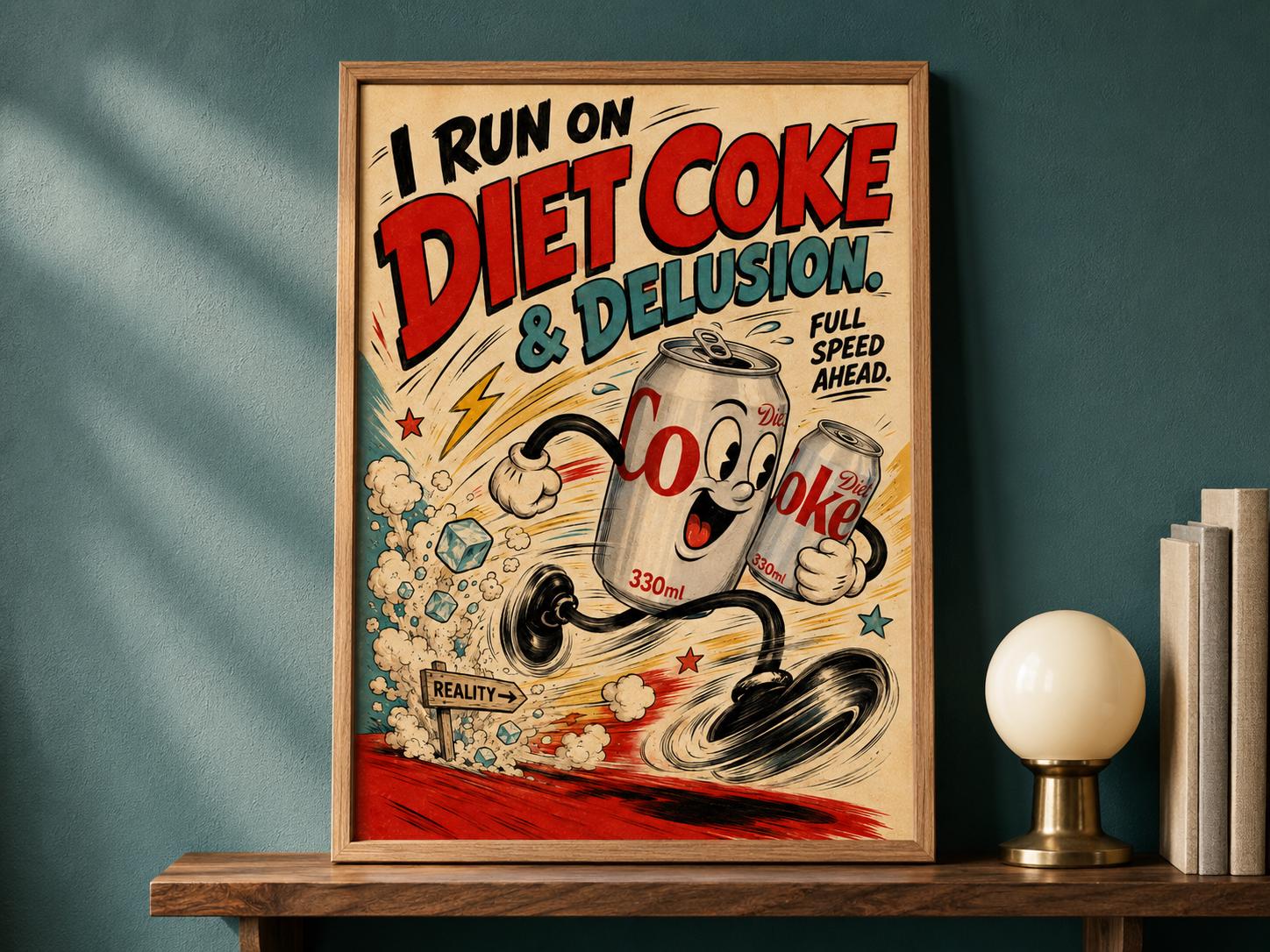 Diet Coke & Delusion Print | Retro Rubber Hose Cartoon Art, Kitchen Wall Decor