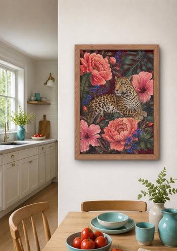 Maximalist Leopard Print, Floral Jungle Wall Art, Burgundy Botanical Decor