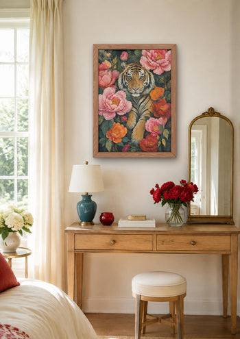 Maximalist Tiger Floral Art Print, Botanical Peony Animal Poster, Jungle Gallery Wall