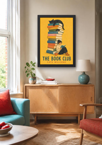 Book Club Print, Colourful Bookish Decor, Cat Lover Art, Reading Nook Poster