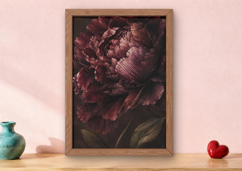 Dark Peony Wall Art Print, Moody Burgundy Floral Poster, Vintage Botanical Decor