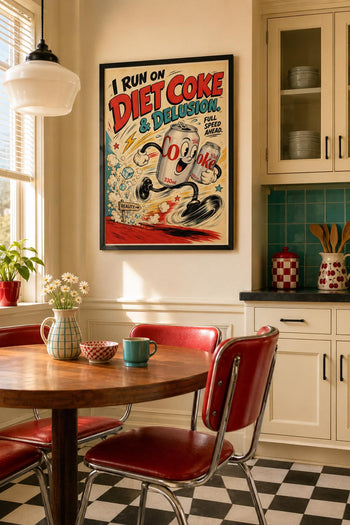Diet Coke & Delusion Print | Retro Rubber Hose Cartoon Art, Kitchen Wall Decor