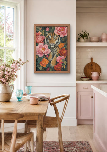 Maximalist Tiger Floral Art Print, Botanical Peony Animal Poster, Jungle Gallery Wall