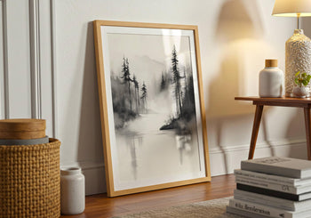 Japandi Forest Print: Sumi-e Ink Landscape, Zen Wall Art