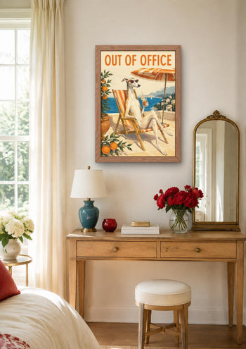 Whippet "Out of Office" Art Print, Mediterranean Dog Poster