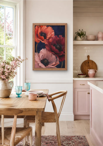 Moody Poppy Print, Red Floral Wall Art, Dark Botanical Navy Bedroom Decor