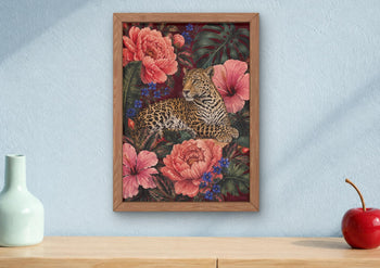 Maximalist Leopard Print, Floral Jungle Wall Art, Burgundy Botanical Decor
