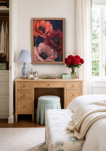 Moody Poppy Print, Red Floral Wall Art, Dark Botanical Navy Bedroom Decor