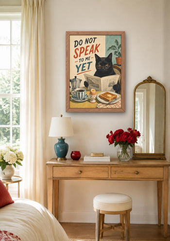 Funny Black Cat Morning Coffee Print, Grumpy Cat Wall Art, Kitchen Decor