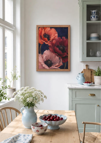 Moody Poppy Print, Red Floral Wall Art, Dark Botanical Navy Bedroom Decor