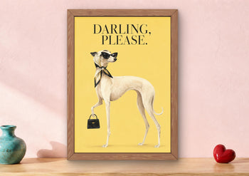 Fashion Whippet Print, Elegant Dog with Sunglasses, Yellow Maximalist Wall Art
