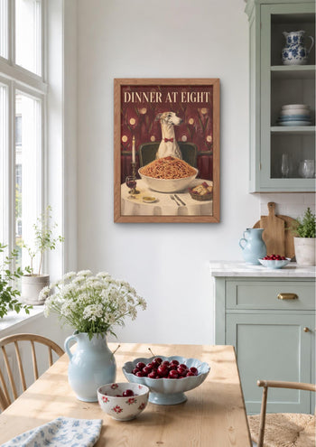 Whippet Spaghetti Dinner Print, Funny Italian Food Dog Art, Kitchen Wall Poster