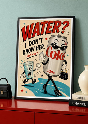 Funny Diet Coke Poster | Retro Rubber Hose Cartoon Art | Colourful Kitchen Wall Decor