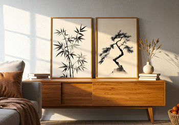 Japandi Pine Tree Print: Minimalist Japanese Ink Wall Art