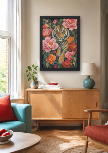 Maximalist Tiger Floral Art Print, Botanical Peony Animal Poster, Jungle Gallery Wall