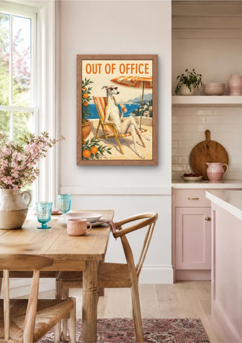 Whippet "Out of Office" Art Print, Mediterranean Dog Poster