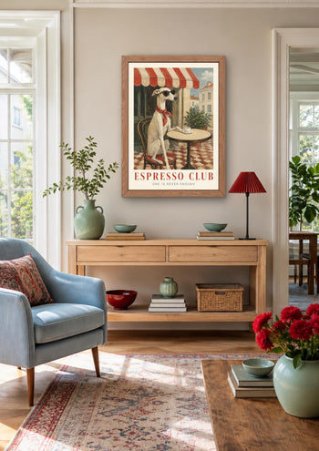 Whippet Espresso Club Print, Italian Cafe Wall Art, Sighthound Coffee Poster